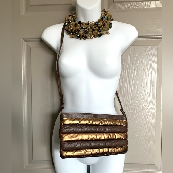 VTG 80s Leather Puffy Padded Quilted Clutch Bag Purse ~ Metallic Gold & Brown - Picture 5 of 12